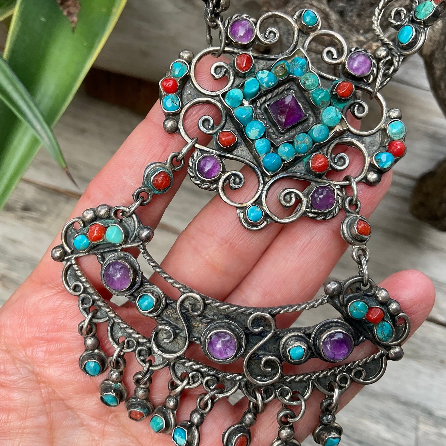 Sterling silver statement Turquoise coral amethyst vintage necklace