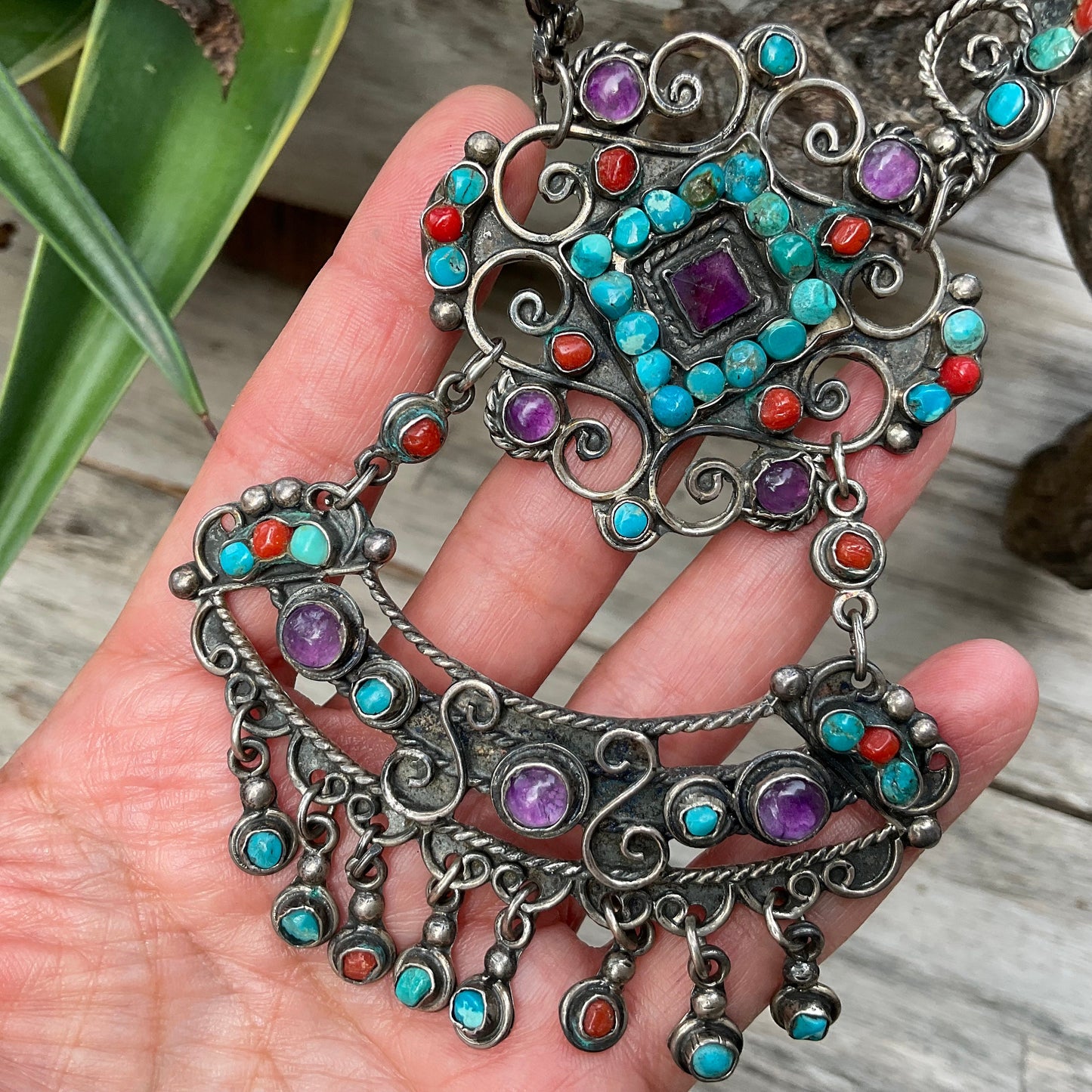 Sterling silver statement Turquoise coral amethyst vintage necklace
