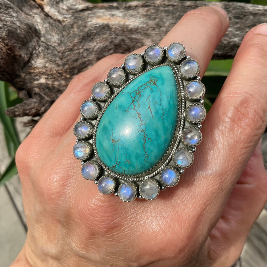 Sterling Statement turquoise moonstone huge adjustable Brutalist cuff ring