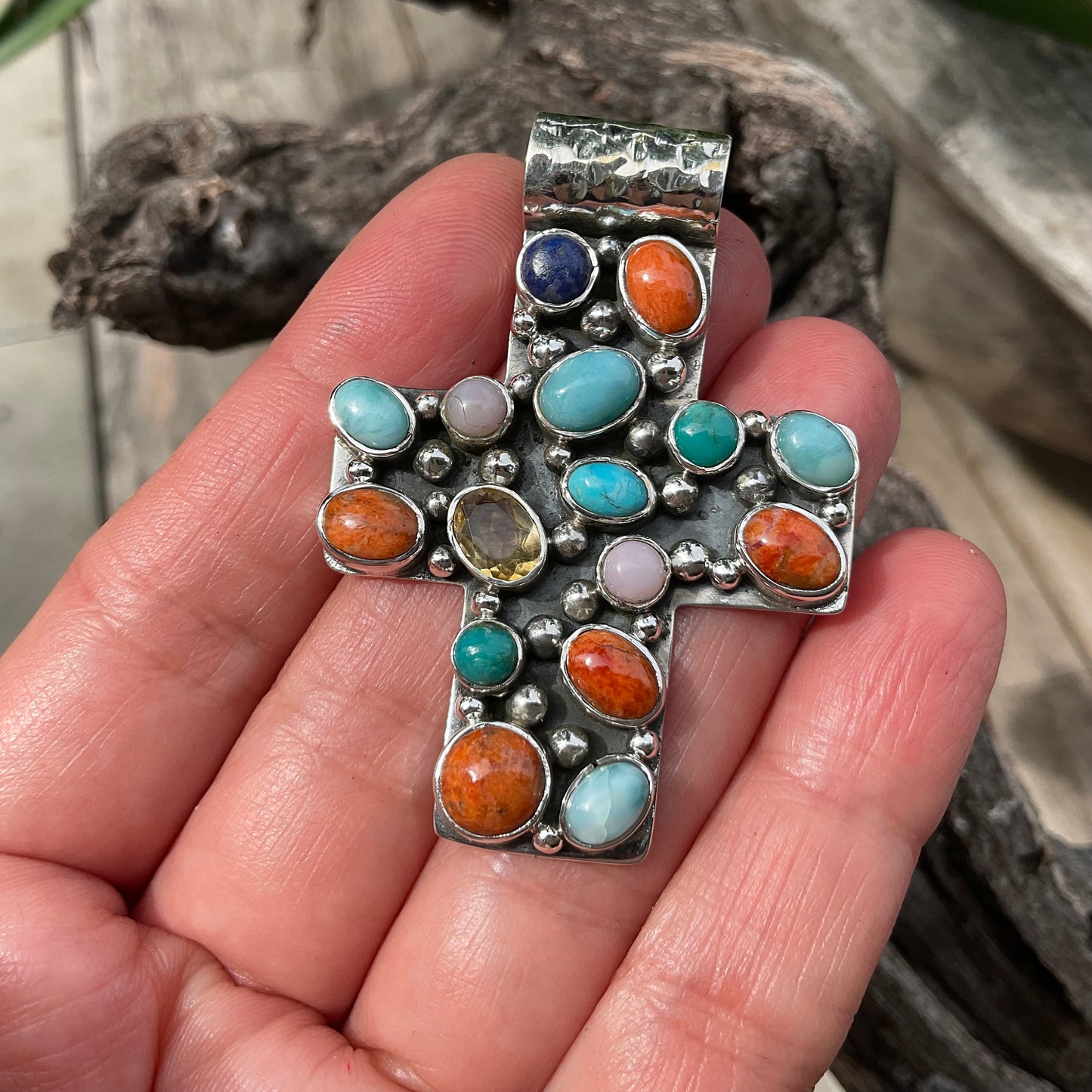sterling silver natural coral turquoise lapis lazuli cross Pendant