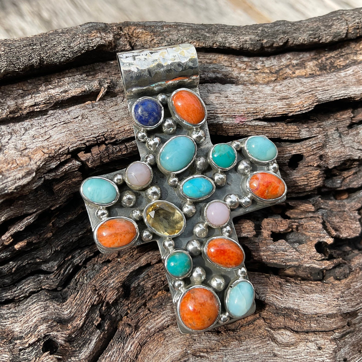 sterling silver natural coral turquoise lapis lazuli cross Pendant