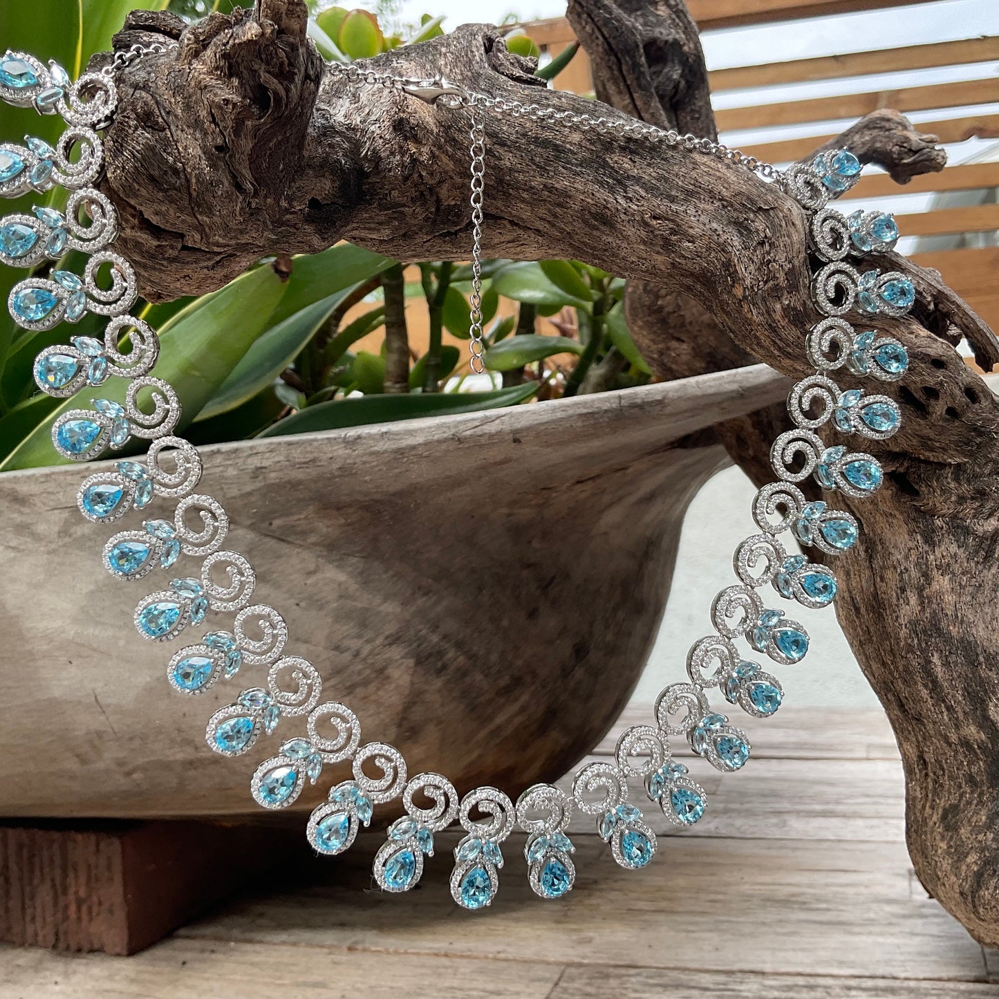 Swiss Blue topaz Statement Sterling Silver fancy Necklace