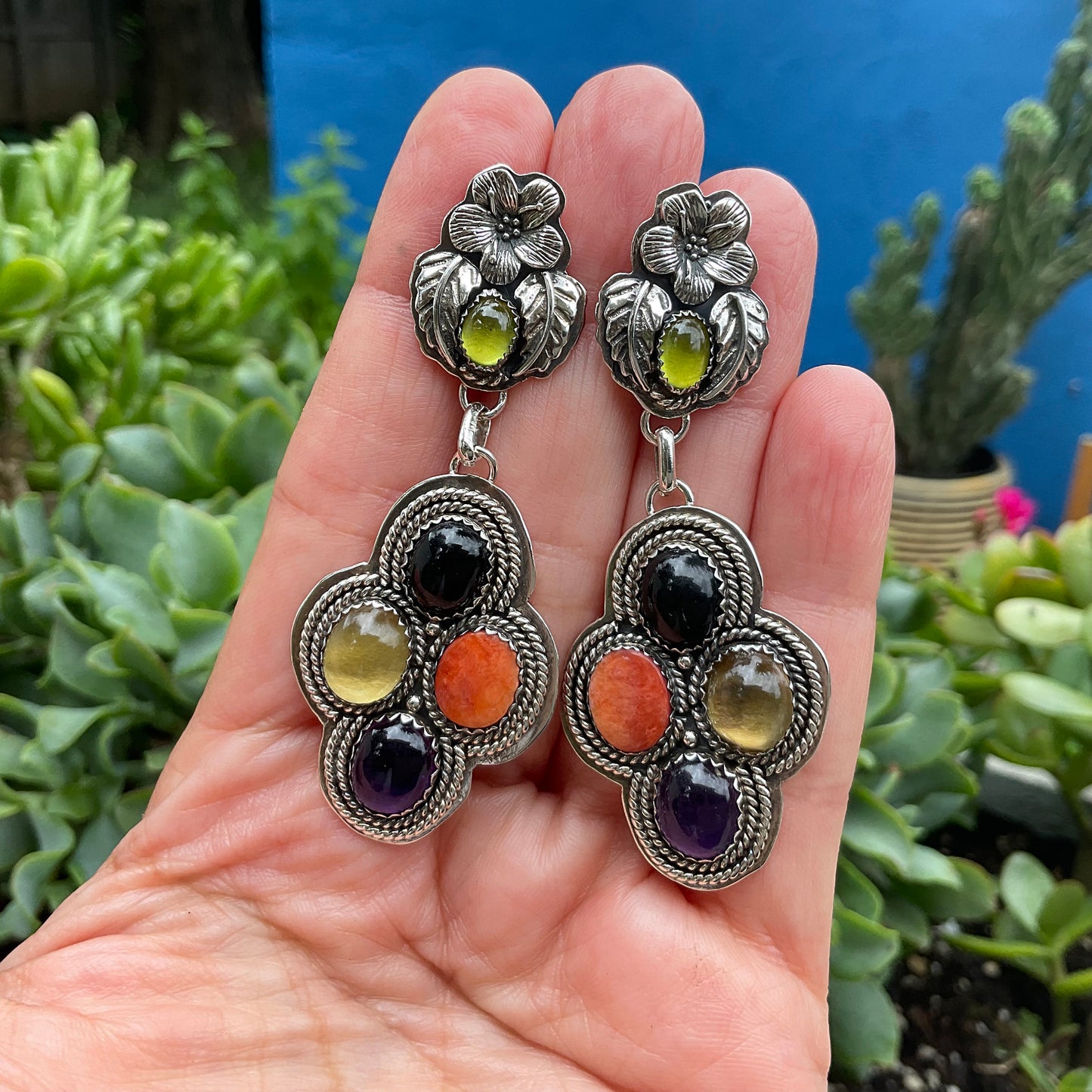 Sterling Silver spiny oyster amethyst onyx peridot vintage statement earrings