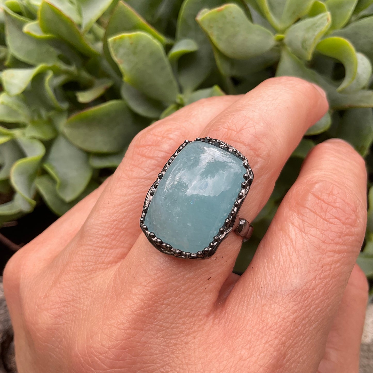 Sterling Silver rectangle Aquamarine Artisan ring 7.5