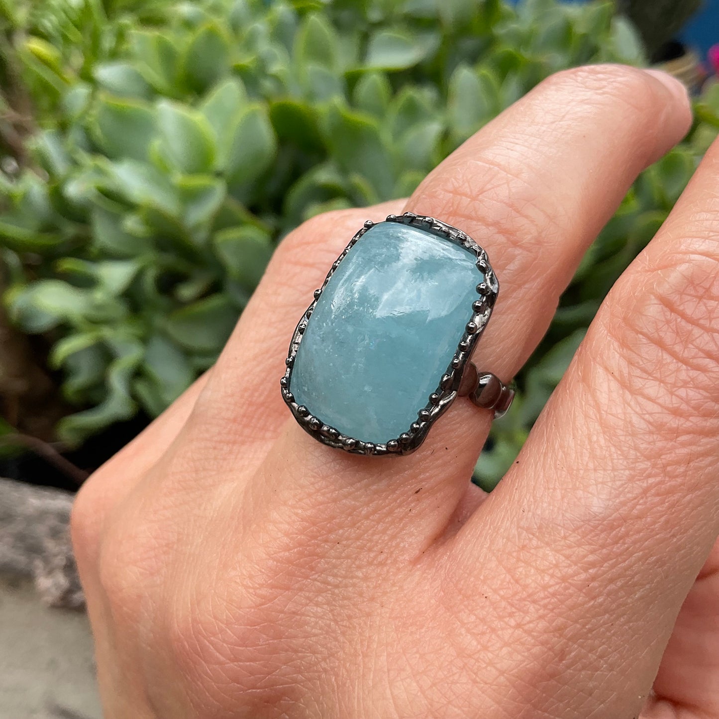 Sterling Silver rectangle Aquamarine Artisan ring 7.5