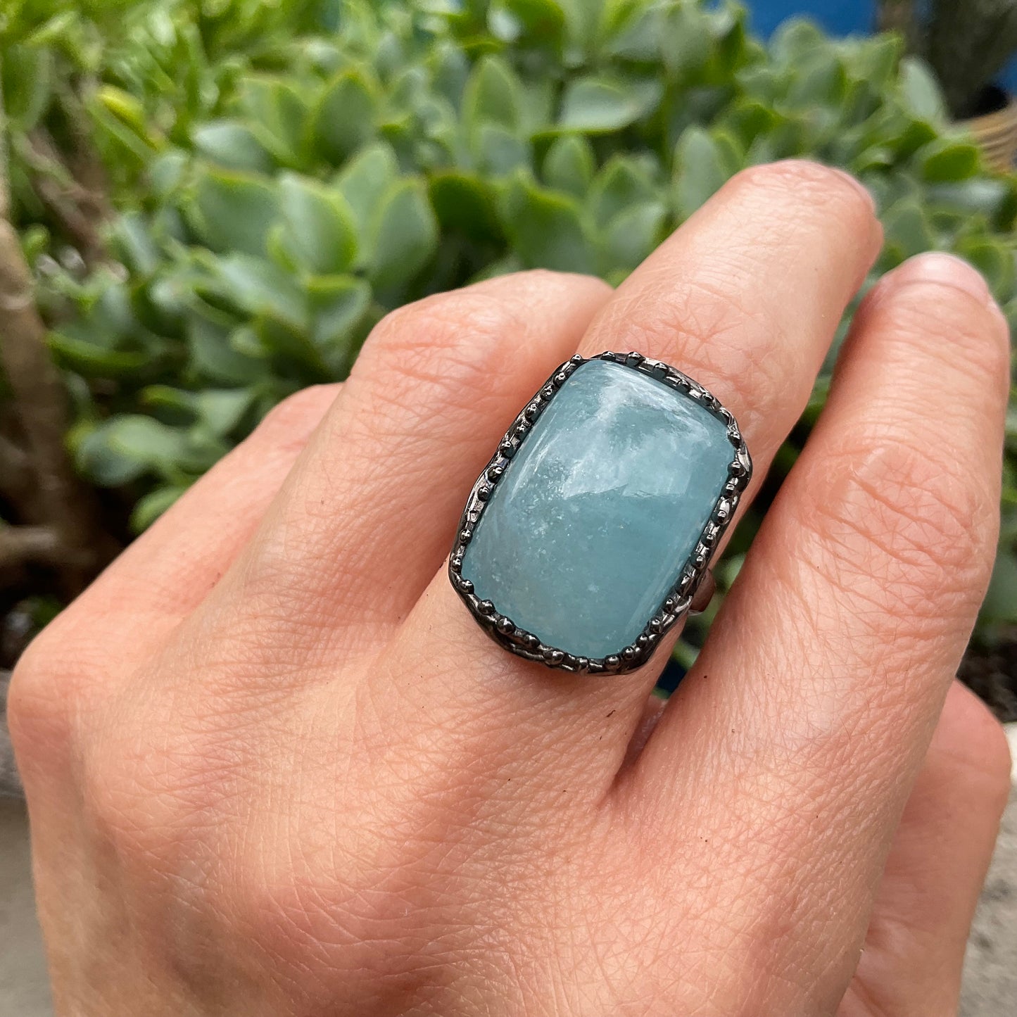 Sterling Silver rectangle Aquamarine Artisan ring 7.5