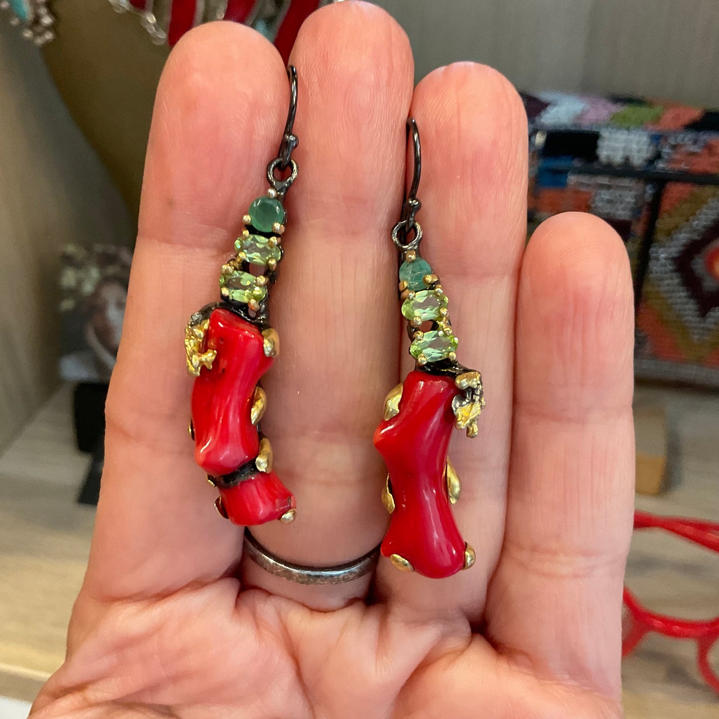 Emerald peridot Sterling Silver red coral dangle earrings