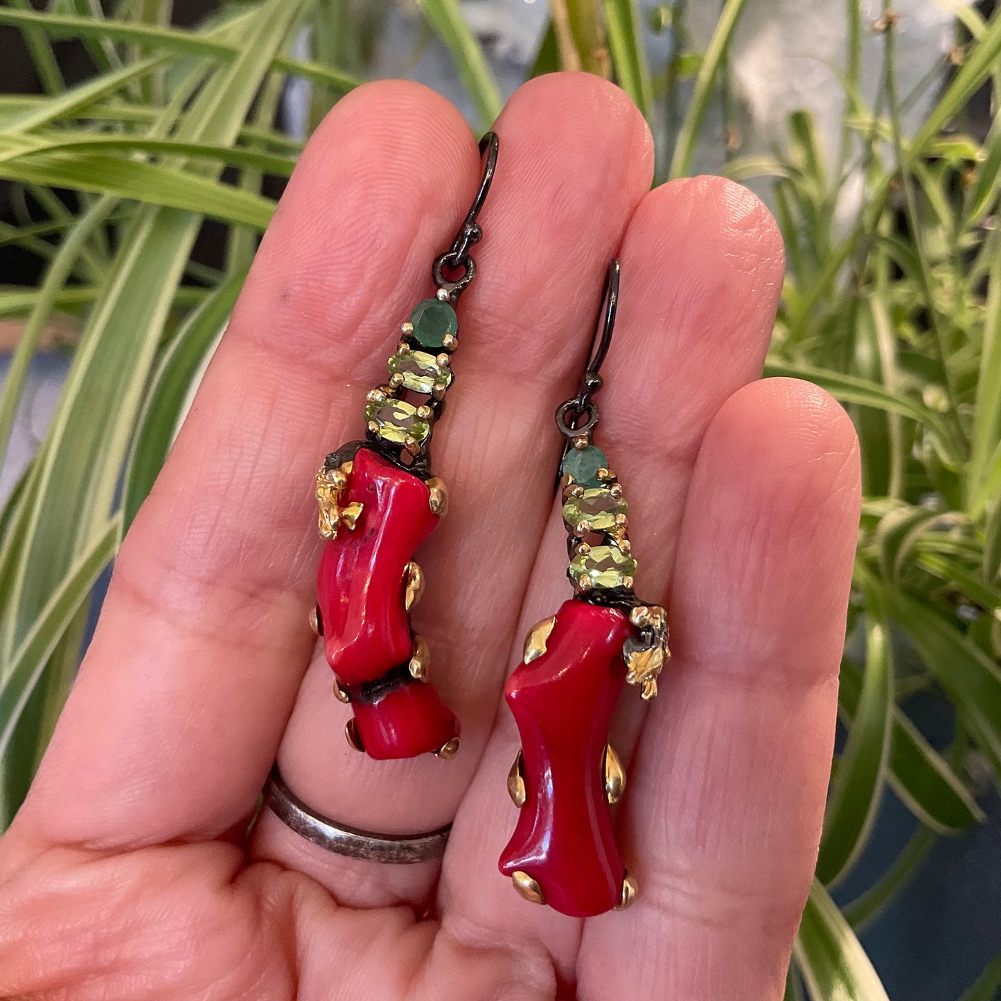 Emerald peridot Sterling Silver red coral dangle earrings