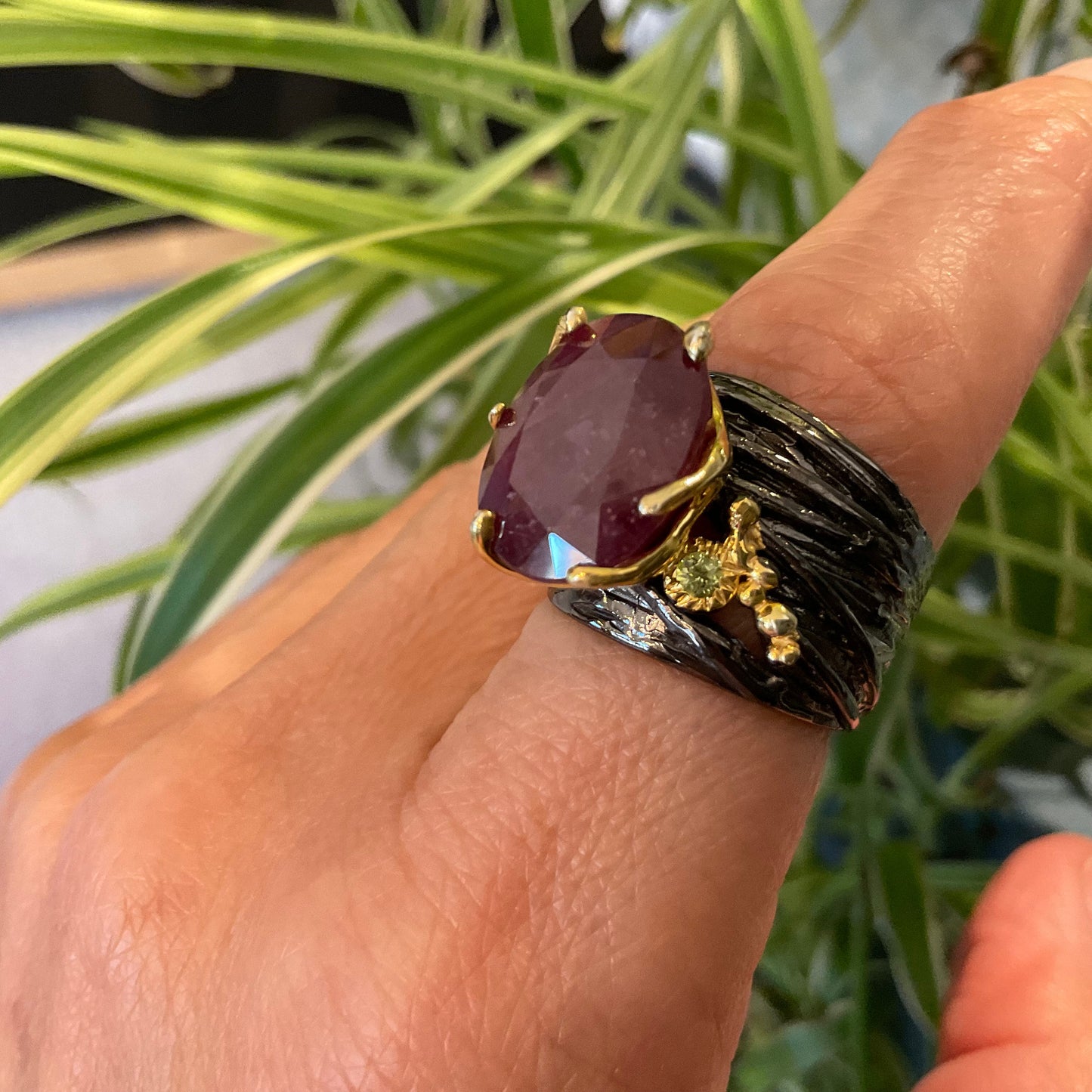 Sterling silver natural ruby peridot wide band ring 7.5