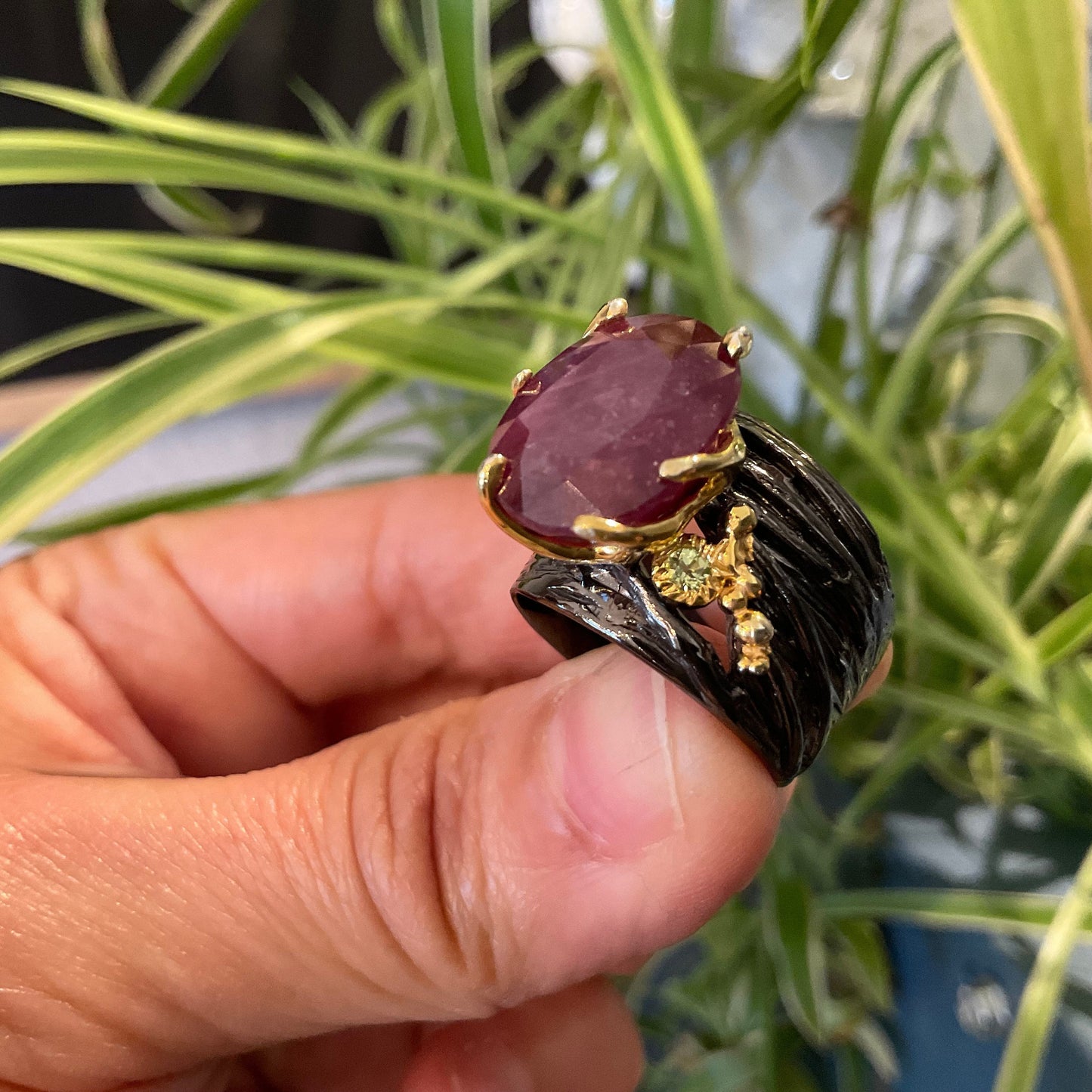 Sterling silver natural ruby peridot wide band ring 7.5