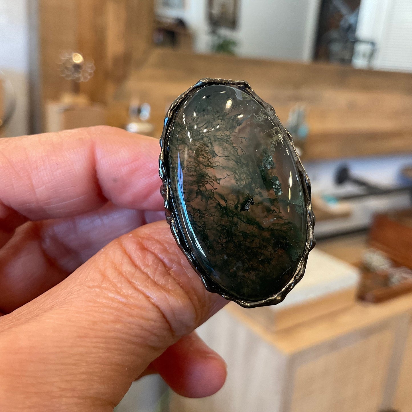 Handcrafted Sterling Silver Moss Agate Ring: Oversize Oval