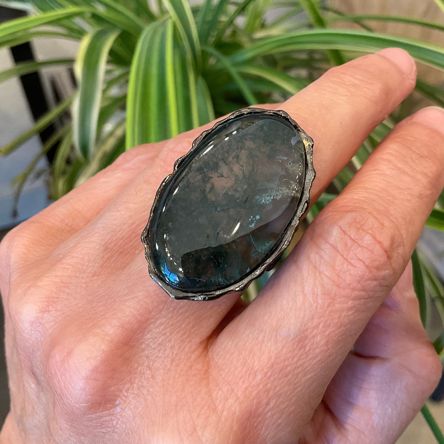 Handcrafted Sterling Silver Moss Agate Ring: Oversize Oval