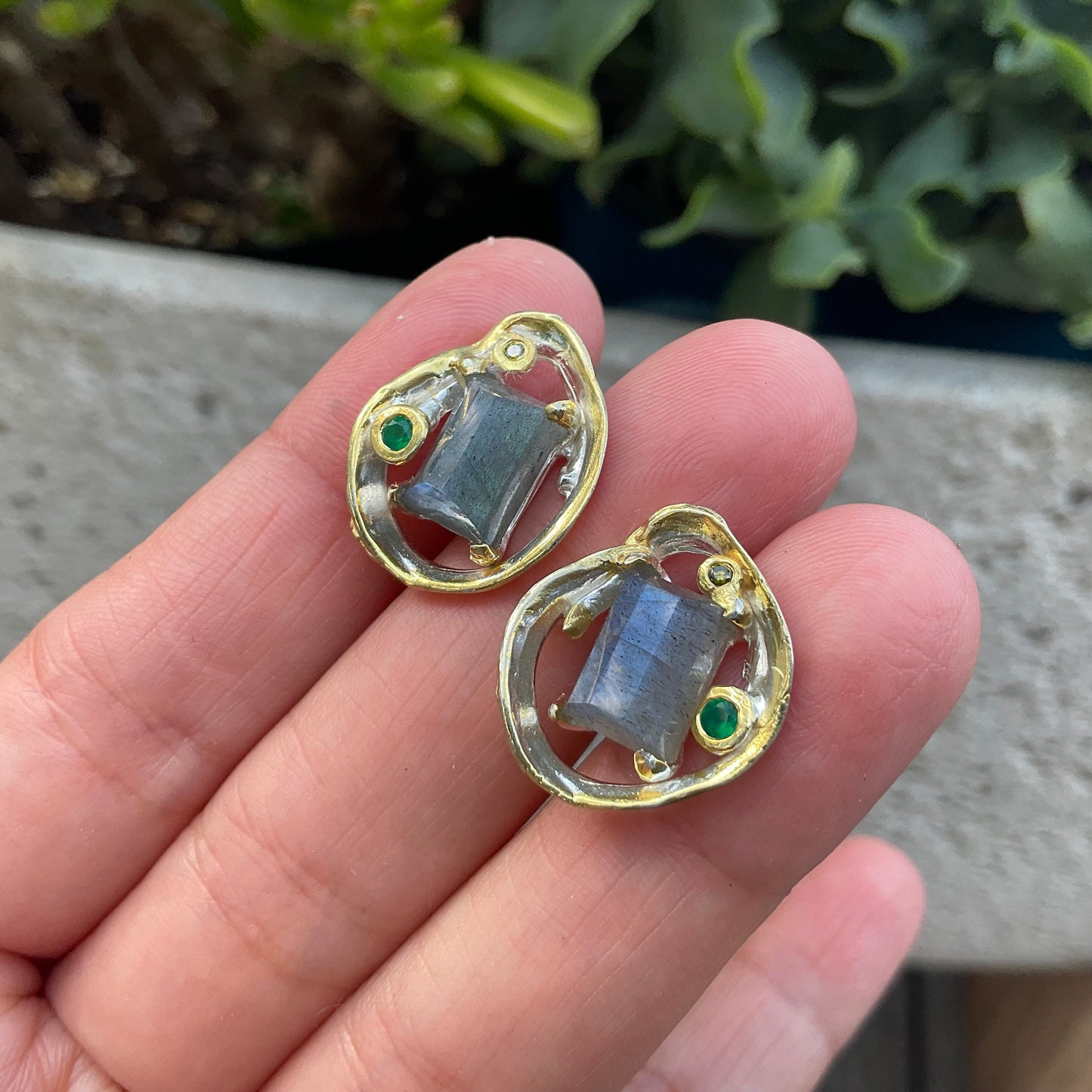 Sterling Silver labradorite modernist stud earrings