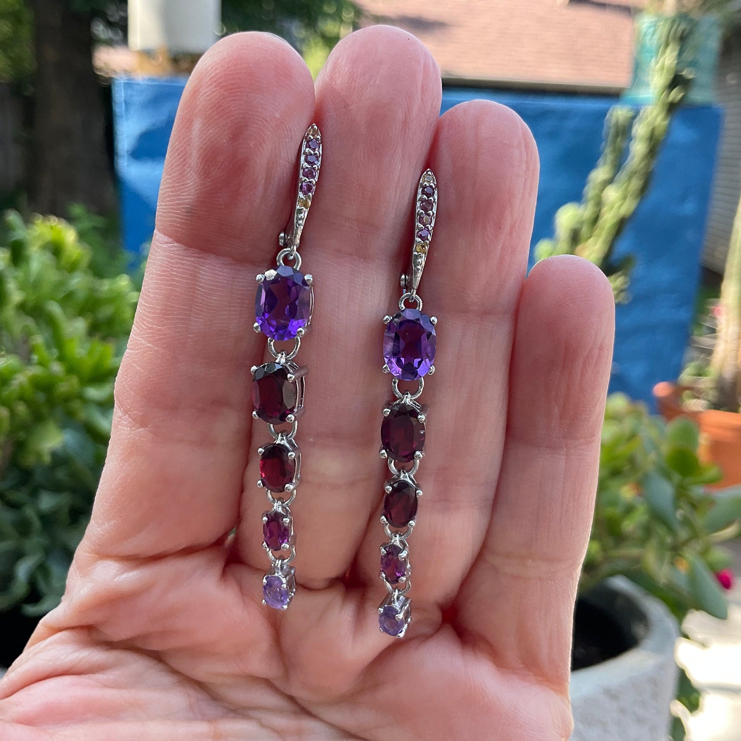 sterling Silver Amethyst Long Dangle red garnet Earrings