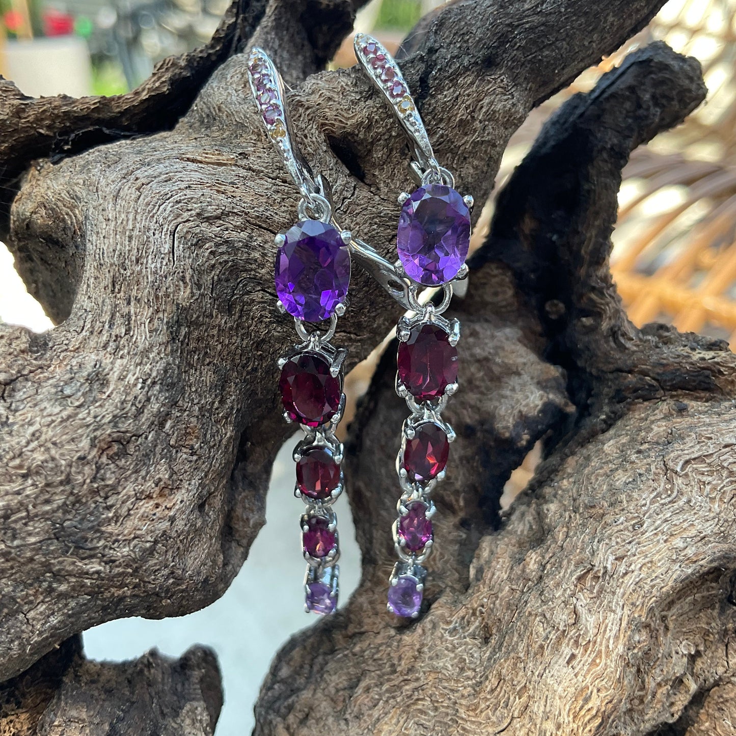 sterling Silver Amethyst Long Dangle red garnet Earrings