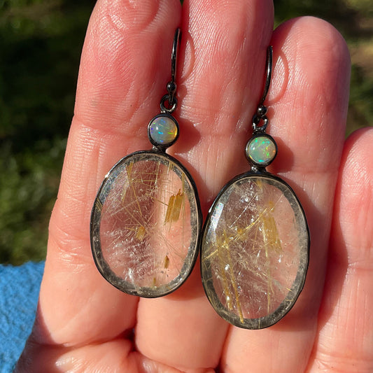 sterling silver statement rutilated quartz golden ribbon opal earrings