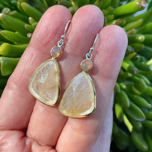 sterling silver gold rutilated quartz ribbon opal earrings