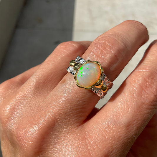 sterling silver rainbow natural heirloom opal band Etnika ring 7.5