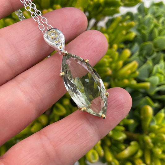 sterling silver green amethyst Marquis shape pendant with necklace