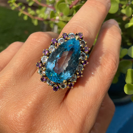 Sterling Silver pear shape blue topaz amethyst ring  8