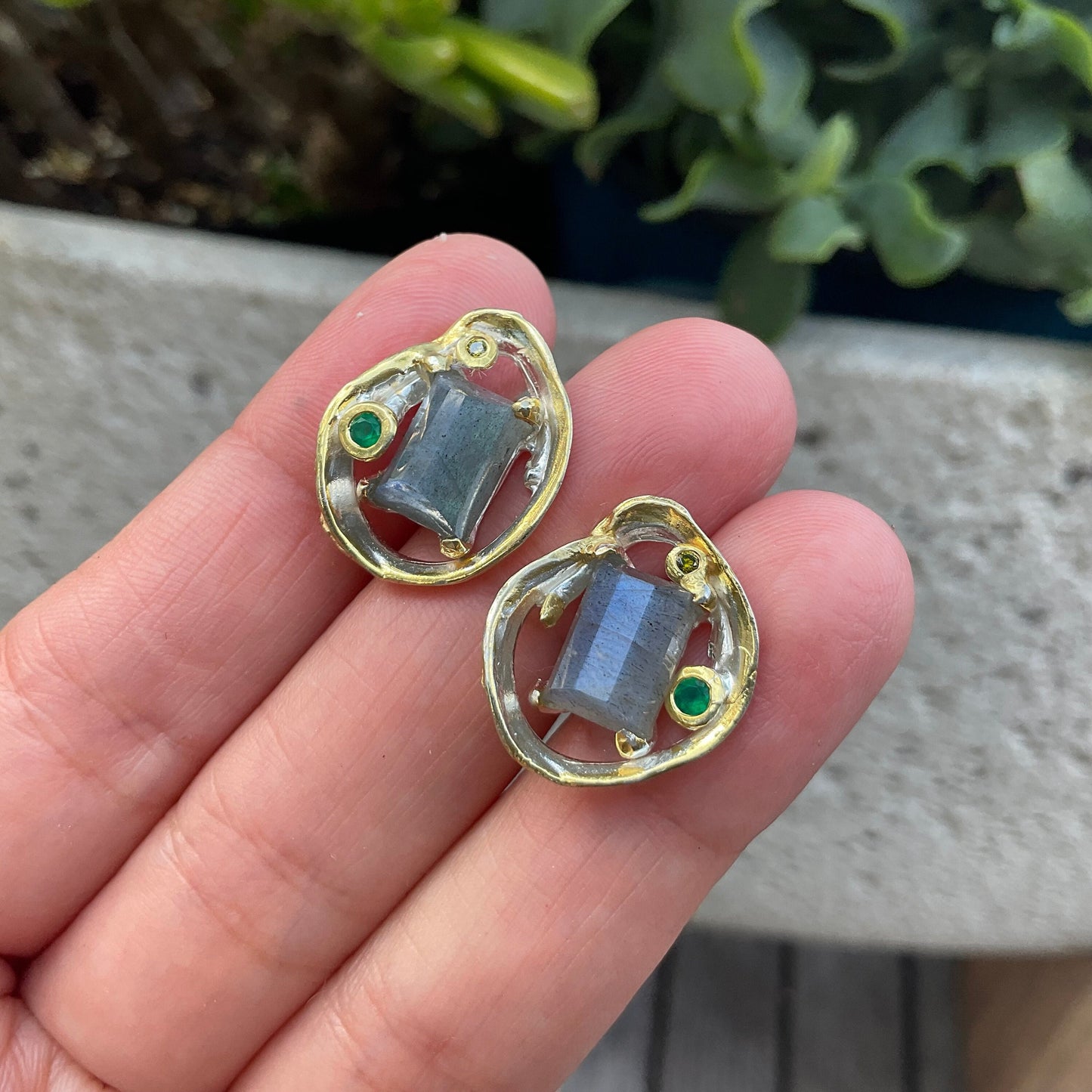 Sterling Silver labradorite modernist stud earrings