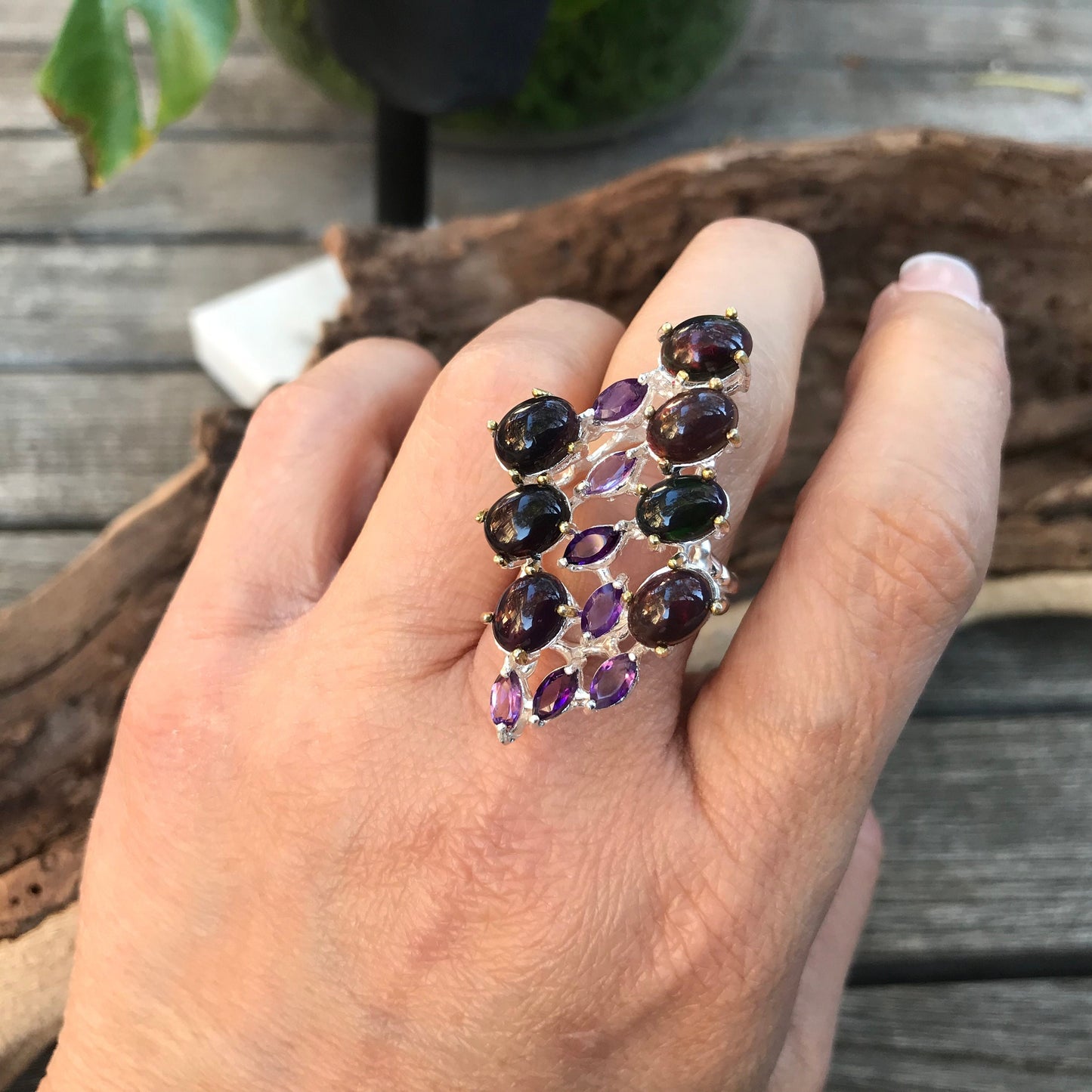 Sterling Silver  black Fire Opal amethyst  statement ring 8.5