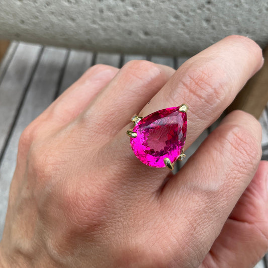 Sterling silver pink topaz  pear shape gold statement ring 7