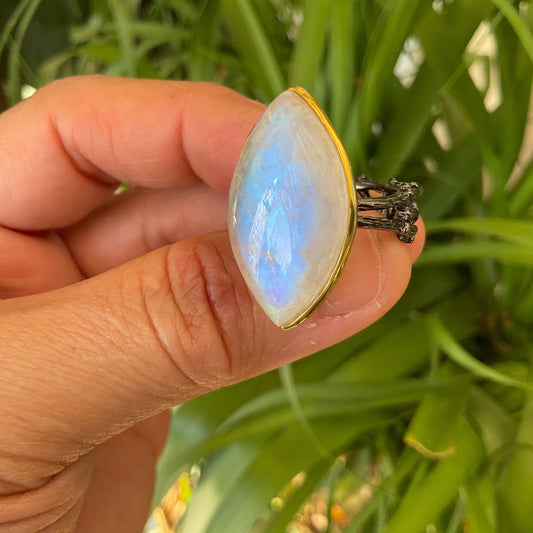 Sterling silver natural moonstone  Marquis rustic band ring 8