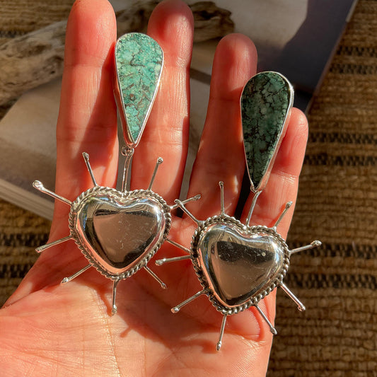 sterling silver Modernist oversize sacred heart  turquoise Earrings
