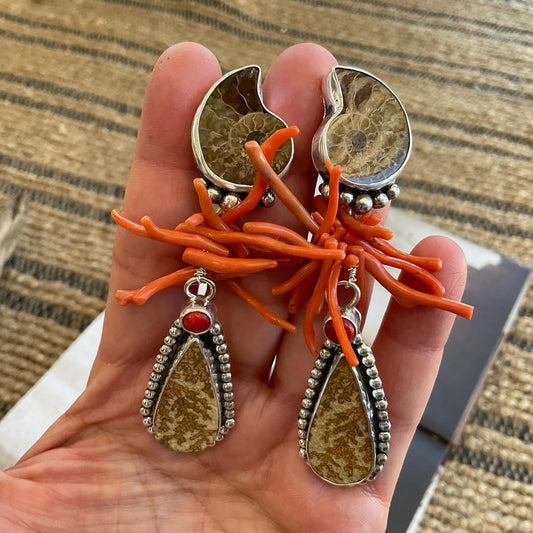 Sterling Silver coral ammonite picture jasper statement earrings