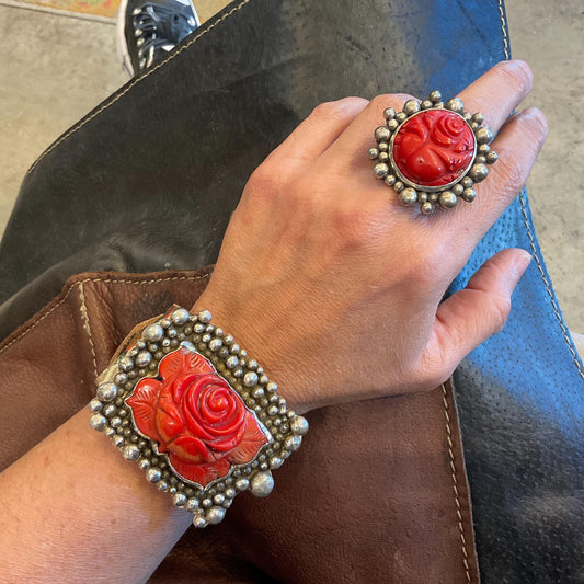 sterling silver red coral rose upcycle leather skull bracelet cuff