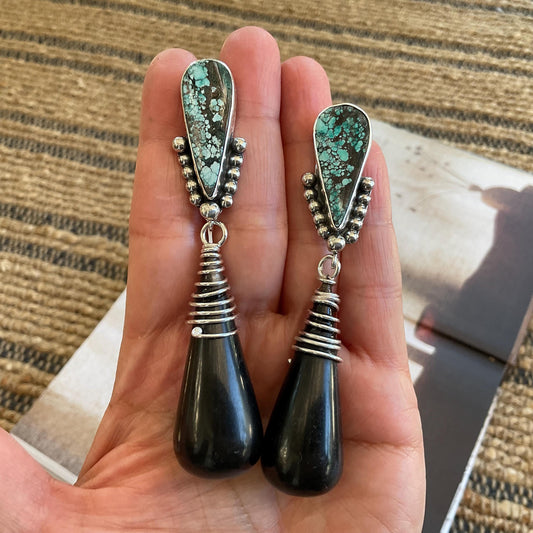 sterling silver Modernist oversize black cone horn turquoise Earrings