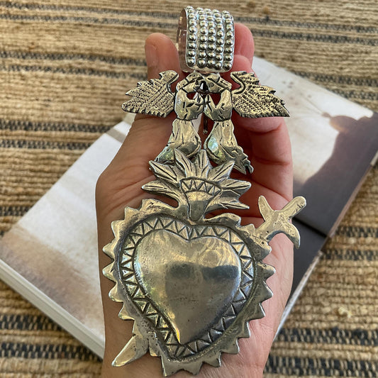 Sterling silver flame sacred heart angels huge pendant custom bail