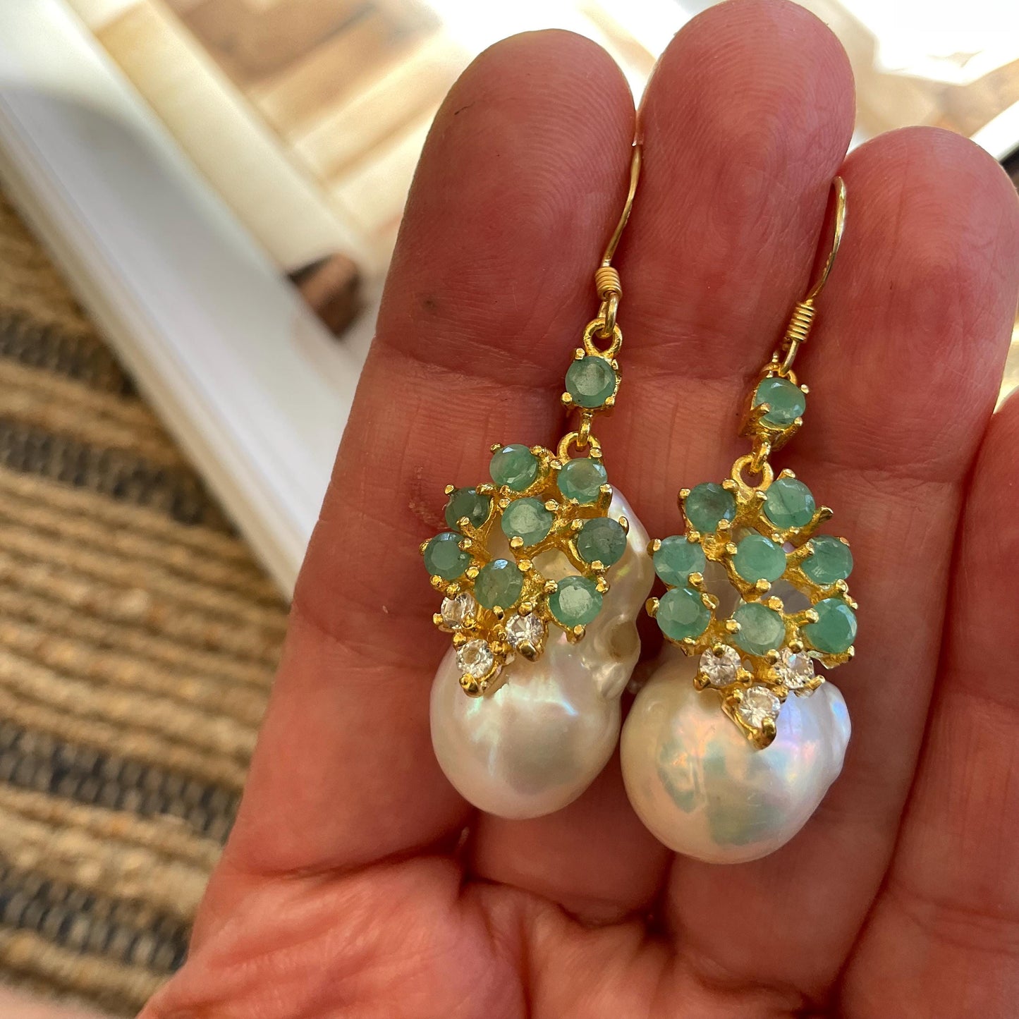 Sterling Silver natural white baroque pearl Emerald statement earrings