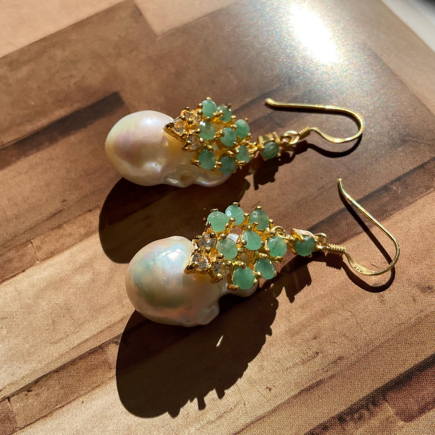 Sterling Silver natural white baroque pearl Emerald statement earrings