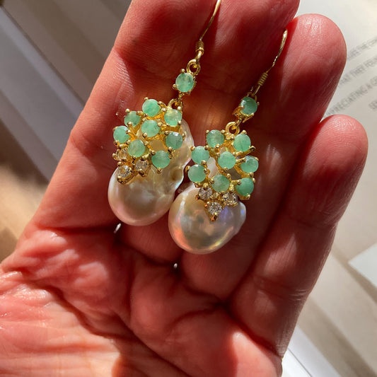 Sterling Silver natural white baroque pearl Emerald statement earrings