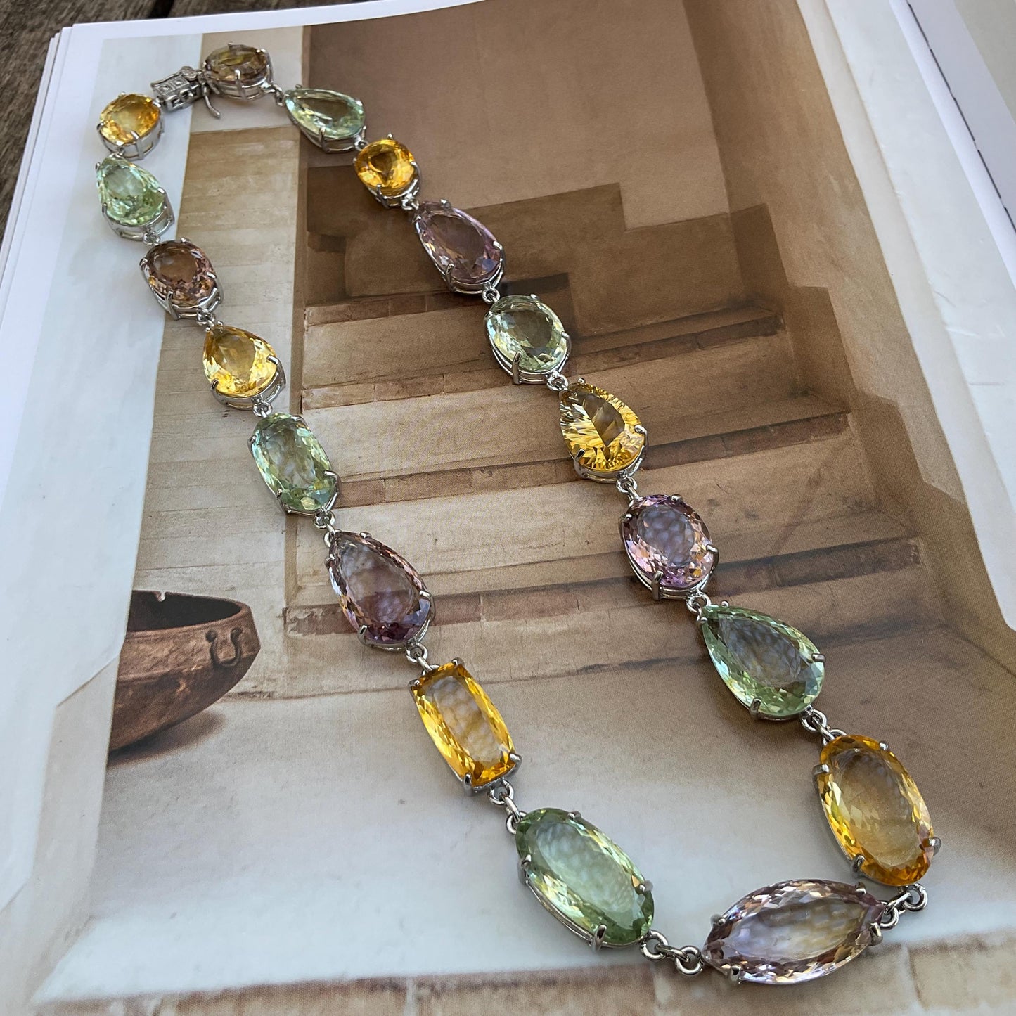 Multi gemstone Sterling silver amethyst ametrine citrine statement  necklace