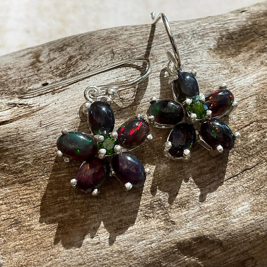 sterling silver natural black fire opal dangle flower earrings