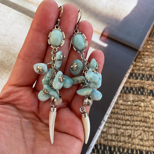 Sterling Silver Dominican larimar long dangle resort earrings