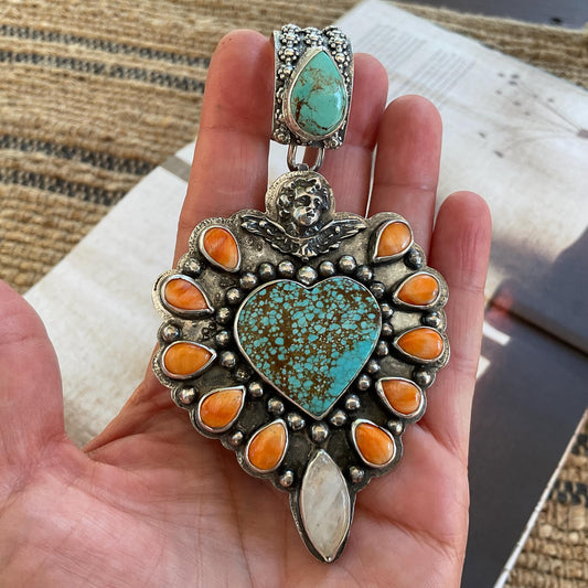 Sterling silver sacred heart turquoise spiny oyster pendant enhancer with custom bail