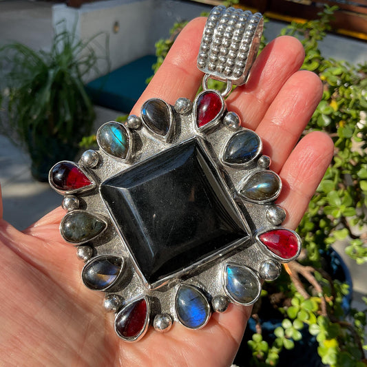 Sterling Silver natural black Guatemalan red garnet labradorite Jade huge pendant enhancer