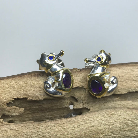 Sterling Silver natural amethyst Seahorse stud Earrings