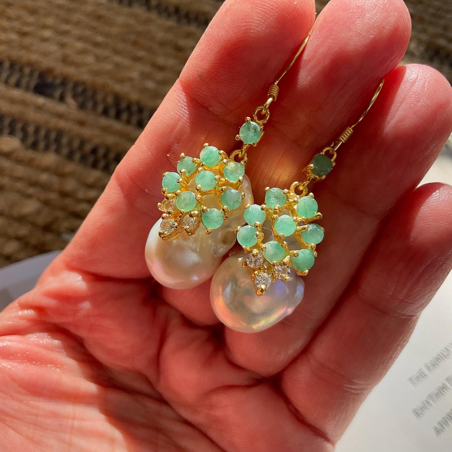 Sterling Silver natural white baroque pearl Emerald statement earrings