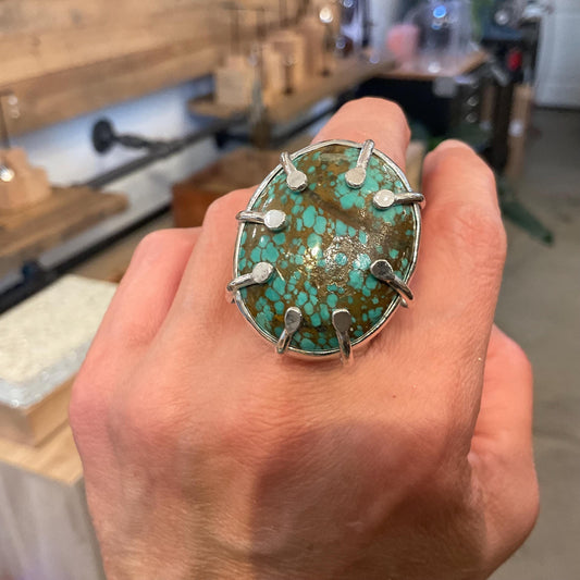 Sterling brutalist turquoise adjustable modernist cuff ring