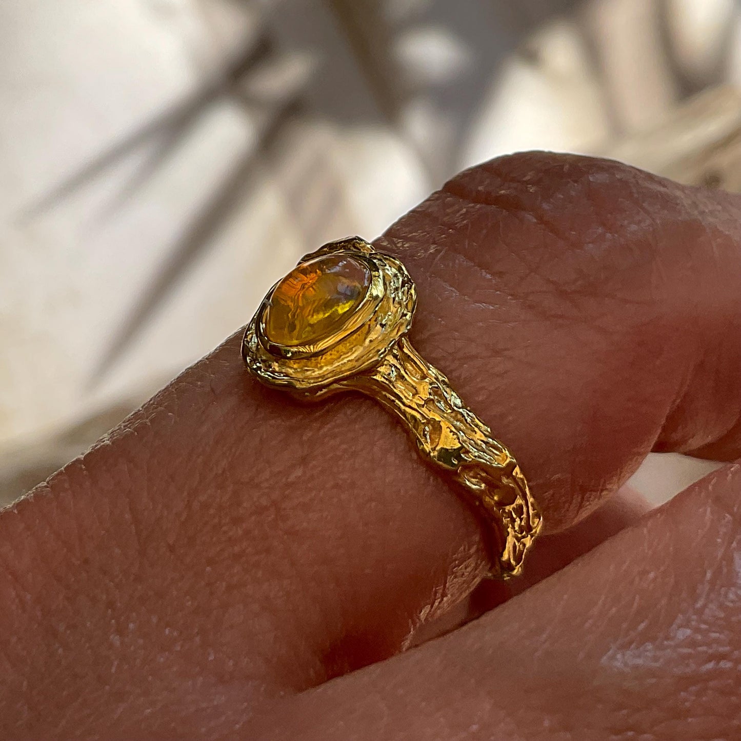 Sterling Silver Natural fire opal dainty gold Ring adjustable 5 6 7 8