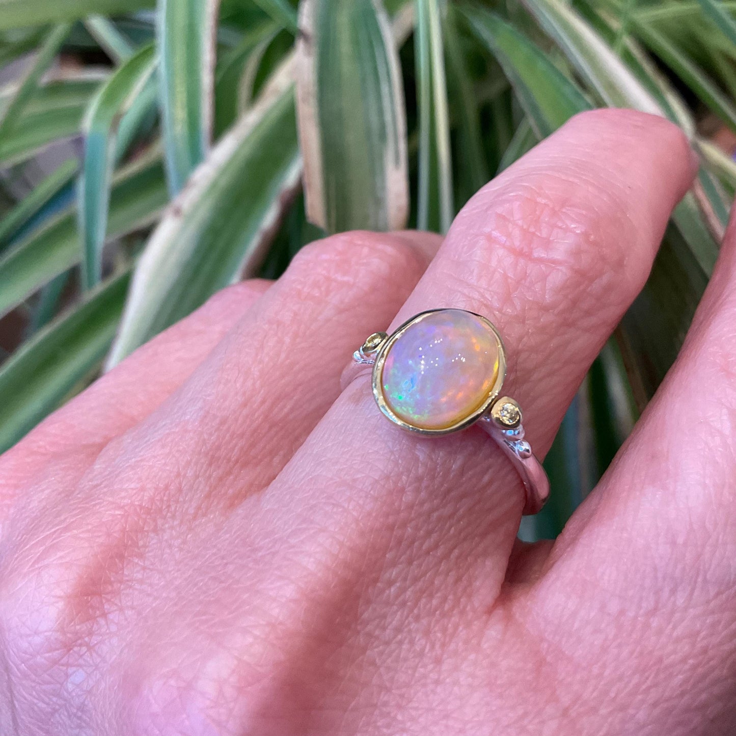 sterling silver rainbow natural heirloom opal band Etnika  ring 8
