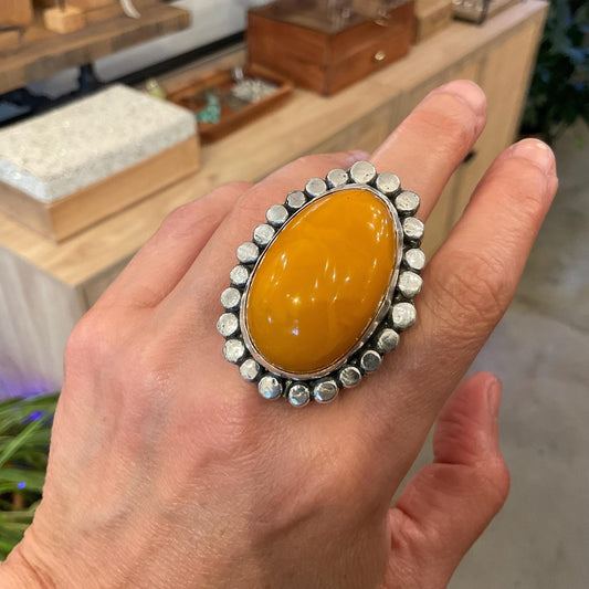 sterling silver huge brutalist  Baltic amber egg yolk Statement cuff ring 8-11