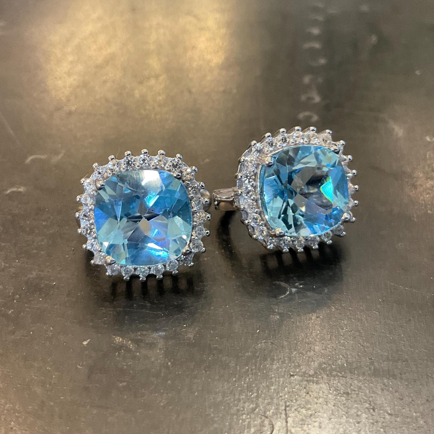 Sterling Silver natural blue topaz large fancy earrings