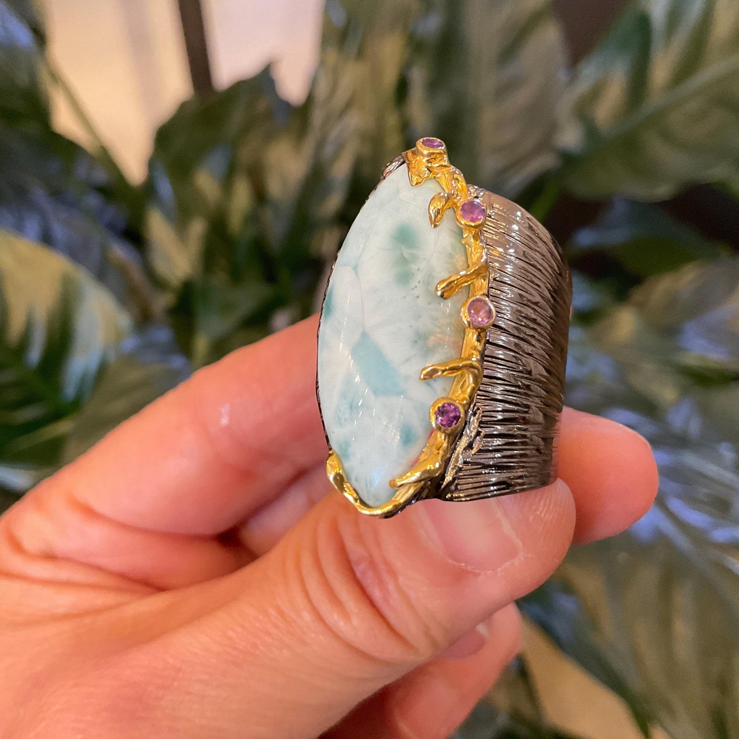 Sterling Statement larimar Marquis cut statement band  ring 9