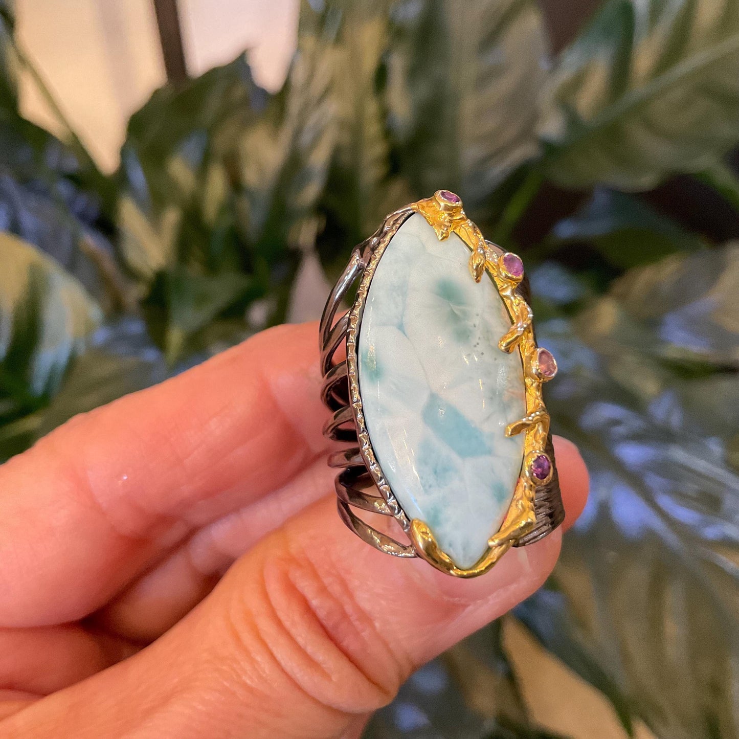 Sterling Statement larimar Marquis cut statement band  ring 9
